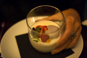 Milk pudding with fruits and macaron